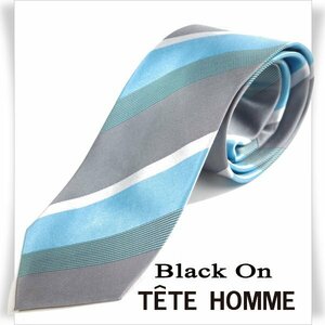 新品1円～★Black On TETE HOMME テットオム シルク絹100% ネクタイ ストライプ 織柄 グレー ブルー 正規店本物◆3684◆