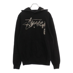 STUSSY ステューシー フロント カモフラロゴ プルオーバーパーカー フードロゴ入り フーディ レディース ブラック