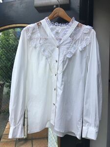 イギリスヨーロッパvintage コットンフリルレース ブラウスlace frill blouse shirt 長袖シャツlace LV498