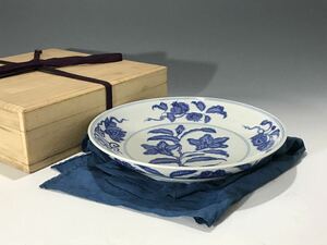 中国美術 唐物コレクター 明時代 染付花草文皿 大明弘治年製銘 箱付 時代物