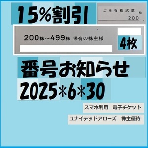 4枚-番号等お知らせ-ユナイテッドアローズ-優待15%割引券（クロムハーツ等）オンラインストア でもご利用出来ます25*6*30 　優待で頂き新品