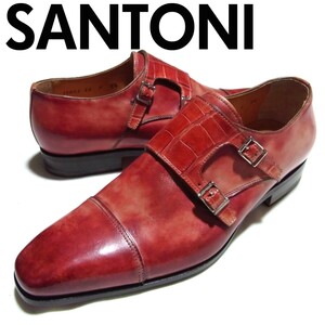 新品 SANTONI サントーニ クロコ 切替 ダブルモンクストラップ レザー シューズ 5.5 F 赤 レッド 10053