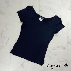 美品 agnes b. アニエスベー ワイドネック 半袖カットソー 薄手 Tシャツ トップス レディース 黒 ブラック サイズ1*PC55