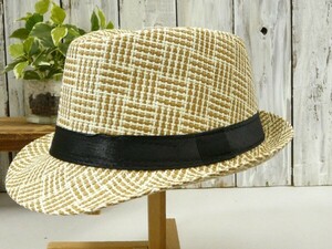 STRAW HAT　編み込み スクエアーチェック ベージュ 男女OK　送料\350　ストロー　メンズ　レディース