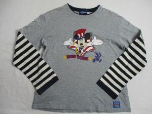 BF827【Disney RESORT・ディズニー ミッキィー】ロゴプリント　フェークレイヤード風　長袖　Tシャツ　男女児　淡黒　150