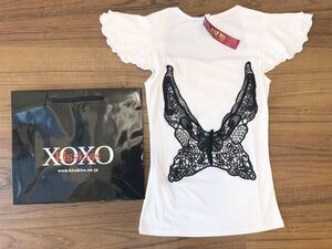 ★新品 XOXOキスキス★バック背中透け蝶デザイン黒レース★セクシー半袖カットソー白ホワイト★