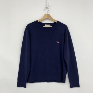 ◆MAISON KITSUNE メゾンキツネ クルーネック ニット L◆ ネイビー メンズ トップス トリコロールフォックスロゴ ウール