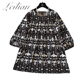 C02◆新品同様 レリアン Leilian プラスハウス 大きいサイズ 13+ XL 前後ゆったり チュニック カットソー 伸縮 ストレッチ リーフ デザイン