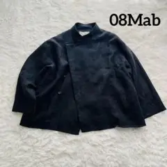 08Mab ネイビー 麻100% アシンメトリー スタンドカラー ジャケット