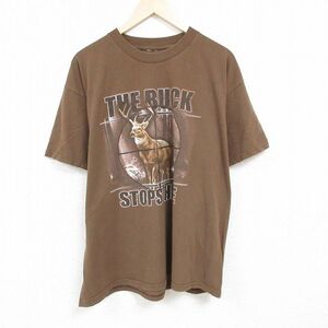 XL/古着 半袖 Tシャツ メンズ シカ 大きいサイズ クルーネック 茶 ブラウン 24mar07 中古