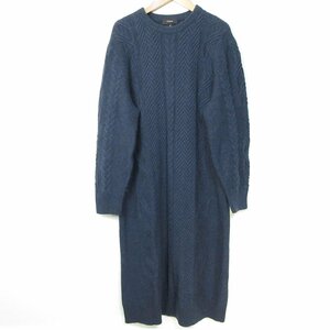 美品 Theory セオリー ROYAL WOOL CABLE DRESS 長袖 ひざ丈 ミディ丈 ケーブルニットワンピース Mサイズ ネイビー ◆