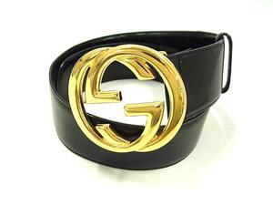 1円 ■美品■ GUCCI グッチ 036 1046 0979 インターロッキングG レザー ゴールド金具 ベルト 表記サイズ 65・26 ブラック系 FL2115