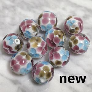 dk764/new！とんぼ玉◇和風な花柄 ホワイト　約12mm とんぼ玉 10個