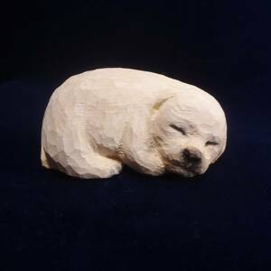 出品者作 木彫刻 アート 『 眠り犬 』 白犬　動物 アート 芸術 ハンドメイド 松 手彫り　dog ドッグ