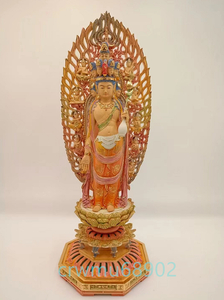 新作 総檜材 木彫仏像 仏教美術 精密細工 金箔 切金 彩色十一面観音菩薩立像 高さ38cm