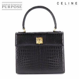 新品同様 セリーヌ CELINE クロコダイル ハンド バッグ レザー ブラック ゴールド 金具 Hand Bag 90201707