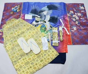 七五三 五歳 男児 羽織袴フルセット 着物 豪華絢爛 金刺繍 綸子地 青紫×朱色 鷹 袴変更可能 祝着 新品（株）安田屋 NO37103