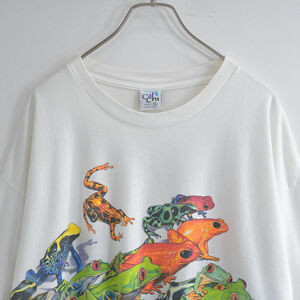 90s アメリカ製 HABITAT カエル 巻きプリント デザイン グラフィックアート Tシャツ ヴィンテージ 半袖 爬虫類 ビン