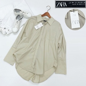 /M/ ZARA ベージュ 長袖 シャツ レディース タグ カジュアル トップス 通勤大人可愛いオーバーサイズデイリー コットン 生地 ザラ