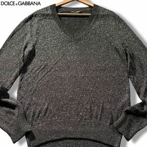 極美品/XLサイズ●ドルチェ&ガッバーナ ラメ 光沢感 ニット セーター Vネック DOLCE&GABBANA ストレッチ キラキラ 反射 グレー シルバー 52