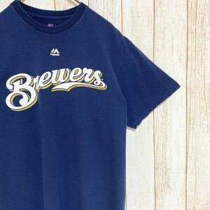 Majestic マジェスティック MLB Milwaukee Brewers ミルウォーキー・ブルワーズ ジェフレス プリント Tシャツ M メジャーリーグ USA古着