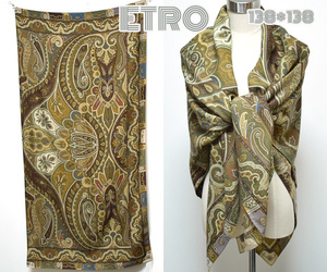 ETRO■138×138センチ/ペイズリー柄大判ストール ショール ウール×シルク 　エトロ　カーキ