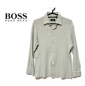 【良品】HUGO BOSS／ヒューゴ ボス● 長袖シャツブラウス● コットン●Sサイズ(S〜M程度)●グレー系薄いカーキ