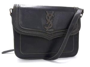 1円 YVESSAINTLAURENT イヴサンローラン ヴィンテージ レザー クロスボディ ショルダーバッグ 斜め掛け レディース ブラック系 FL1623