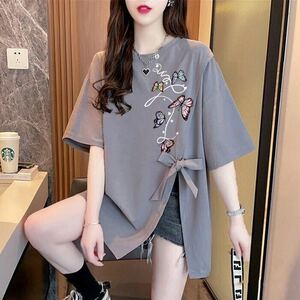 半袖tシャツ レディース トップス 半袖 tシャツ カットソー リボン付き 夏服 薄手 プリント 丸首 蝶柄 カジュアル ゆるカットソー SLUC062