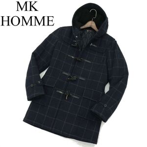 MK HOMME ミッシェルクラン オム 秋冬 ウール混★ フード裏ボア 中綿 チェック ダッフル コート Sz.46　メンズ ネイビー　A3T15527_C#N