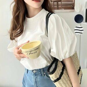 トップス レディース Tシャツ ゆったり デザイン ファッション バブルスリーブ フリー ブラック