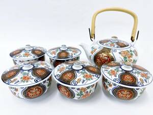 哲山 茶器揃い 急須 蓋付き湯のみ 5客 煎茶器セット 煎茶器 煎茶道具 色絵金彩山茶花 花絵紋 陶器 湯飲み 和食器