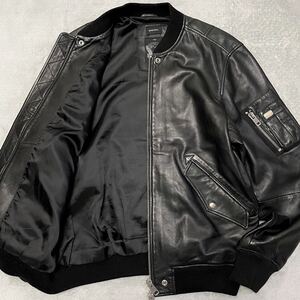 XL位★DIESEL ディーゼル レザー MA-1 ボンバージャケット ブルゾン ジャンパー ライダース 革ジャン ラムレザー 羊革 黒 ブラック メンズ