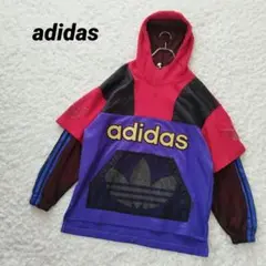 80s アディダスadidas ハーフジップ異素材切替刺繍スウェットパーカー古着