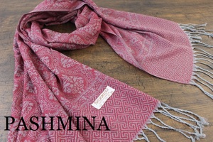 新品【パシュミナ Pashmina】ダマスク柄 レッド 赤 RED 大判 ストール カシミア100% Cashmere 