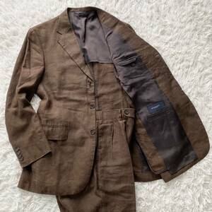 1円〜【希少なXLサイズ×リネン100％】Burberry London バーバリーロンドン セットアップ ジャケット パンツ 裏地ロゴ ブラウン 売り切り！