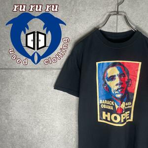 [古着]ビンテージ　半袖　Tシャツ　バラク・オバマ大統領　政治家　プリント　黒