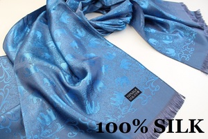 新品【SILK シルク100%】エレファント 象 ペイズリー柄 大判 ストール/スカーフ エメラルドブルー系 チャコールグレー