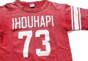 ★70s USA製 Championチャンピオン IHDUHAPI 73 ナンバリング コットン フットボールTシャツ 赤 フェード ボーイズL★ビンテージ バータグ