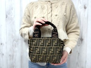 極美品 FENDI フェンディ ズッカ ハンドバッグ バッグ ナイロンキャンバス×レザー 茶系 79906Y