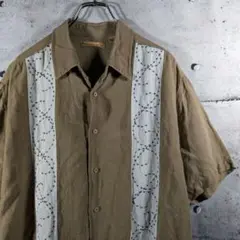 90s　リネン　レーヨン　キューバシャツ　刺繍　アメカジ　レトロ　オープンカラー