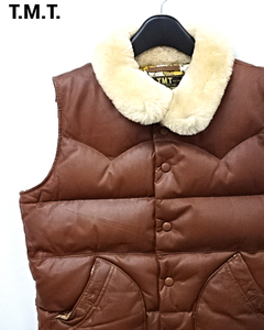 M【nano・universe x TMT GOAT LEATHER DOWN VEST TJK-F11NU03 BROWN T.M.T. 山羊革 ダウンベスト ジャケット ナノユニバース ブラウン】