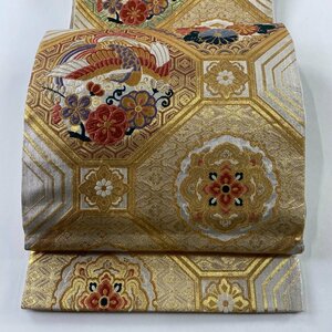 袋帯 美品 秀品 振袖向き 鳳凰 華文 金銀糸 刺繍 灰白 六通 正絹 【中古】