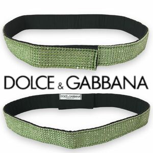 p168 未使用 美品 DOLCE&GABBANA ドルチェ&ガッバーナ パヴェ ラインストーン ベルト ベルクロ 細ベルト 巻きベルト ライトグリーン 正規品