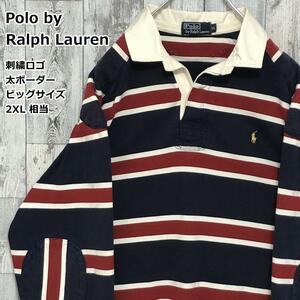 ポロバイラルフローレン Polo by Ralph Lauren 長袖 ラガーシャツ 刺繍ロゴ ポニー刺繍 太ボーダー エルボーパッチ 紺 白 2XL相当 90s