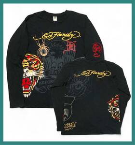 2533◆Ed Hardy エドハーディー◆USA製 ビッグロゴ 虎 スカル イーグル 蜘蛛 プリント コットン 長袖 Tシャツ ロンT ブラック S