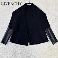 希少 GIVENCHY ボリューム襟 レザー 本革 ニット 切り替え ブラック