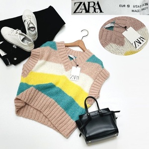 未使用品 /S/ ZARA ピンク ボーダーニットベスト レディース タグ カジュアル トップス 通勤フェミニン 大人可愛い ガーリー デイリー ザラ