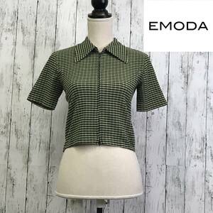 EMODA　エモダ　コンパクトショートシャツトップ　Fサイズ　ミックス　逆開ファスナー　チェック柄　S12-358　USED