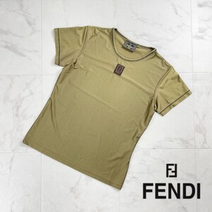 FENDI フェンディ 光沢 ロゴワッペン ラウンドネック半袖カットソー トップス レディース カーキ サイズM*SC1149